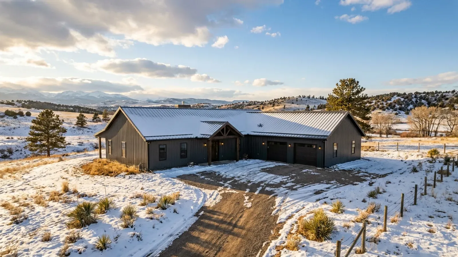 A large single-level barndominium family home in winter, with a light covering of snow on its metal roofs and on the ground around it.