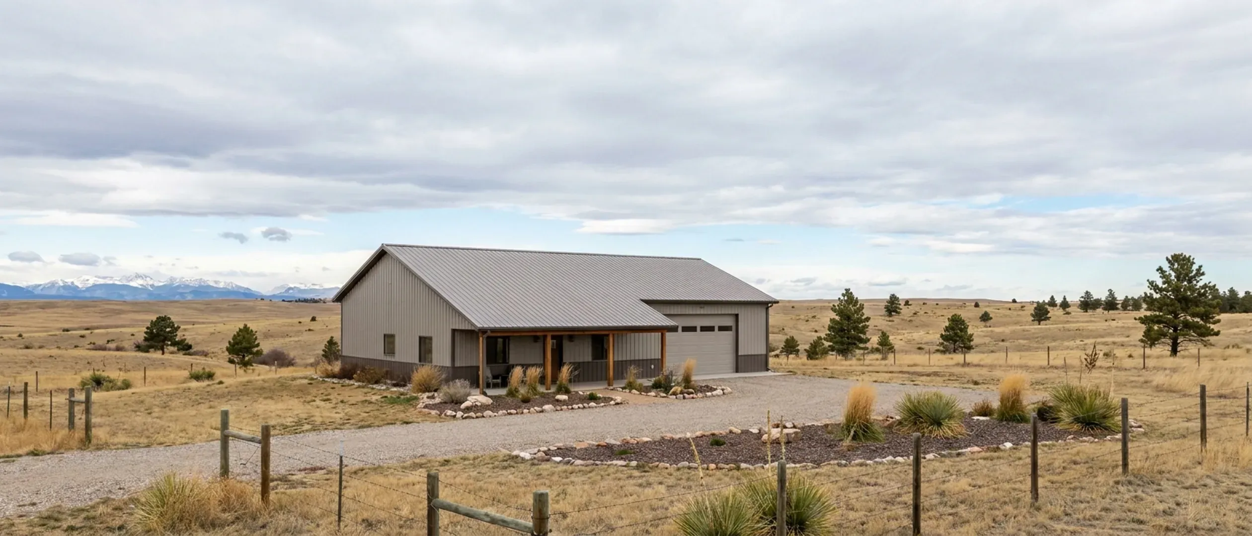 A completed barndominium with a covered entry porch and an attached shop bay, photographed in flat overcast daylight.