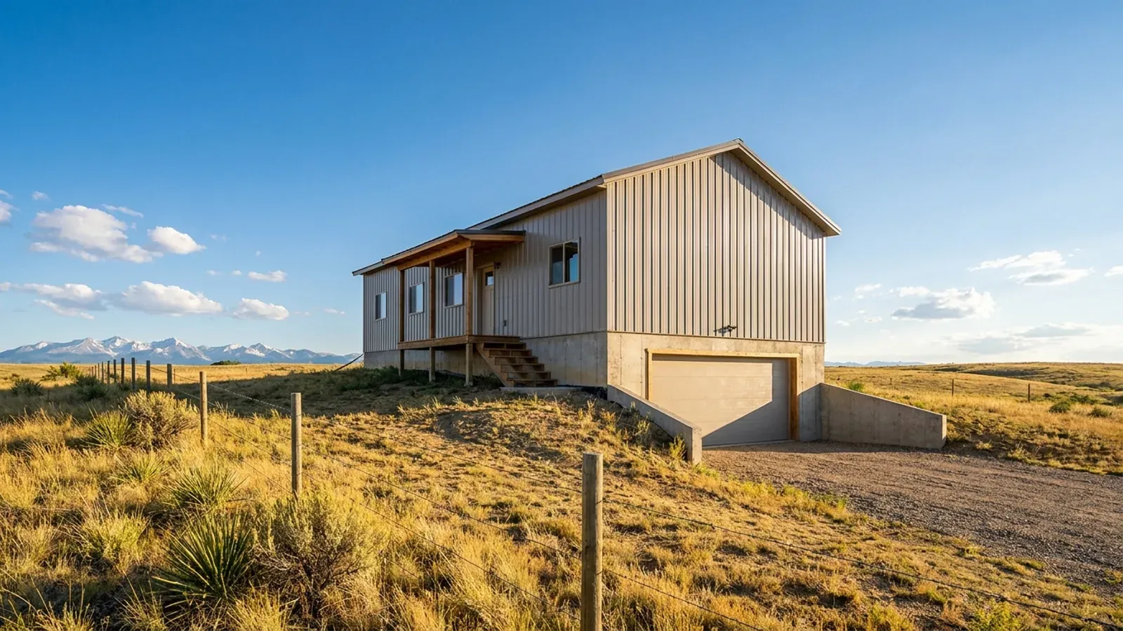 A barndominium raised on a stem-wall foundation with steps up to the entry and enclosed storage space beneath the elevated floor.