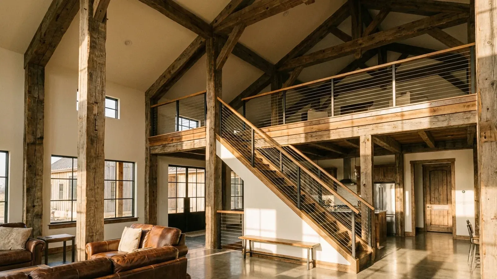 A barndominium great room with an open loft level and railing built over part of the room, reached by an open staircase.