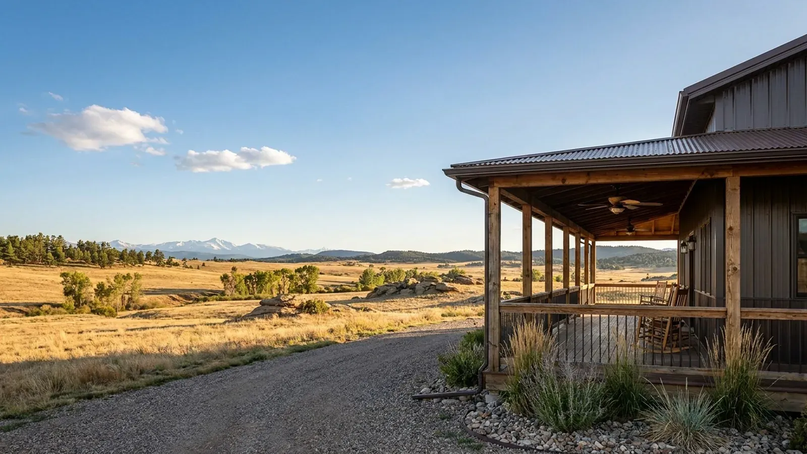 A barndominium exterior showing a deep wrap-around covered porch with posts and railing along two sides of the building.