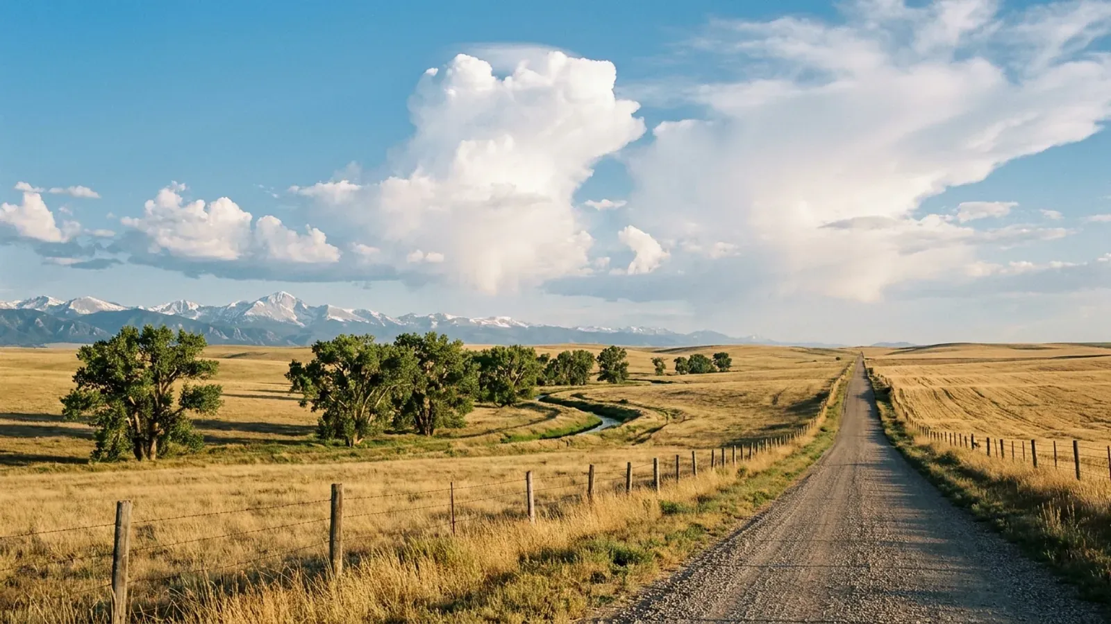 Open plains grassland and a line of cottonwoods along a ditch, with the snow-capped Front Range along the western horizon.