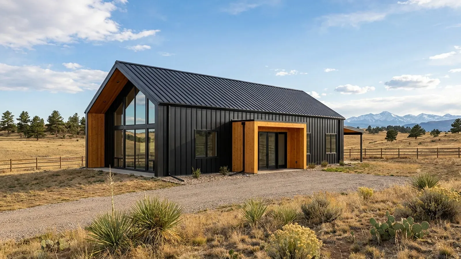 A modern barndominium with black metal roofing and walls, cedar accents and a full-height glazed gable end.