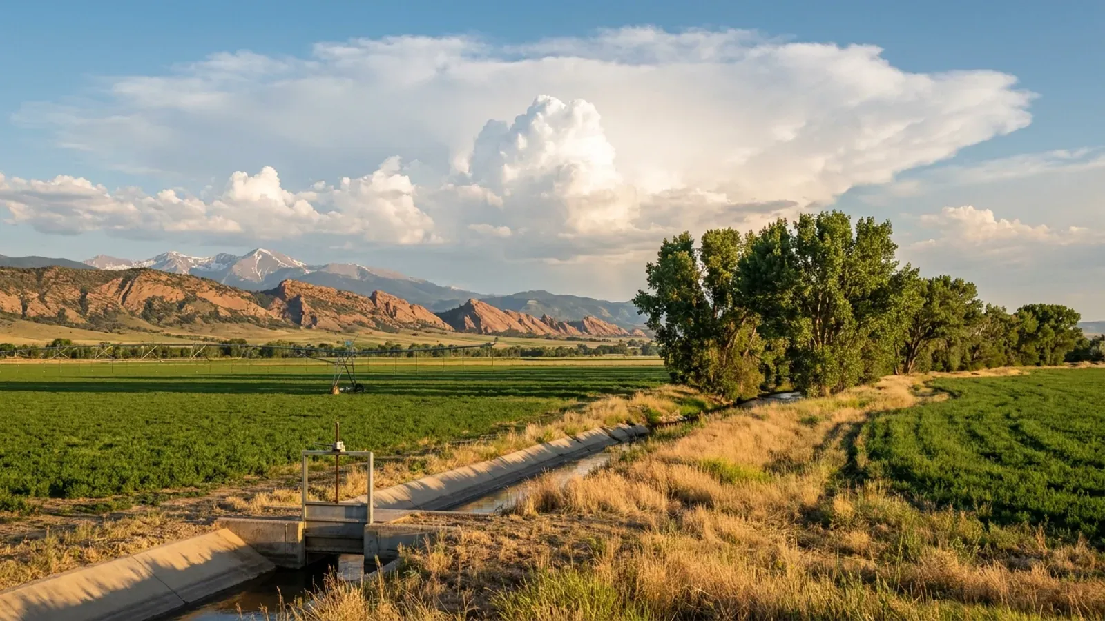 Irrigated fields, a ditch and cottonwoods on the northern Colorado plains, with sandstone hogbacks and snow-capped peaks to the west.