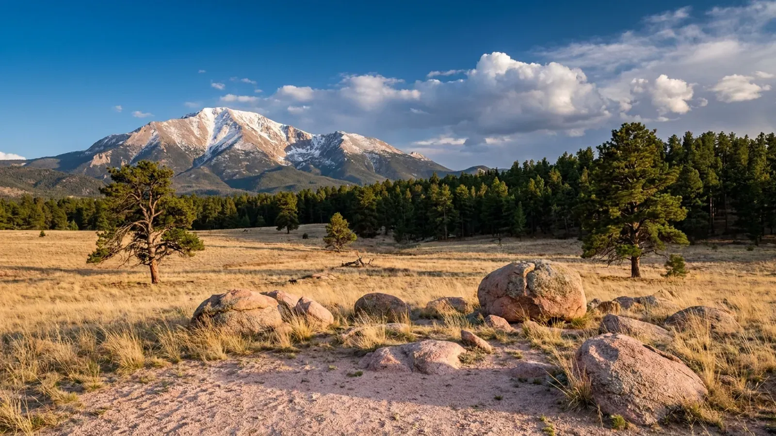 Grassland meeting ponderosa pine forest with pink granite boulders and a massive snow-capped peak beyond, typical of the Pikes Peak region.