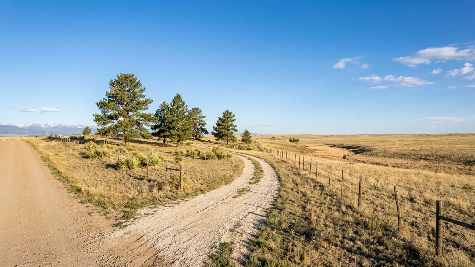 An undeveloped rural lot of open grassland with a few pine trees, a pale gravel access track curving in and a wire fence line.