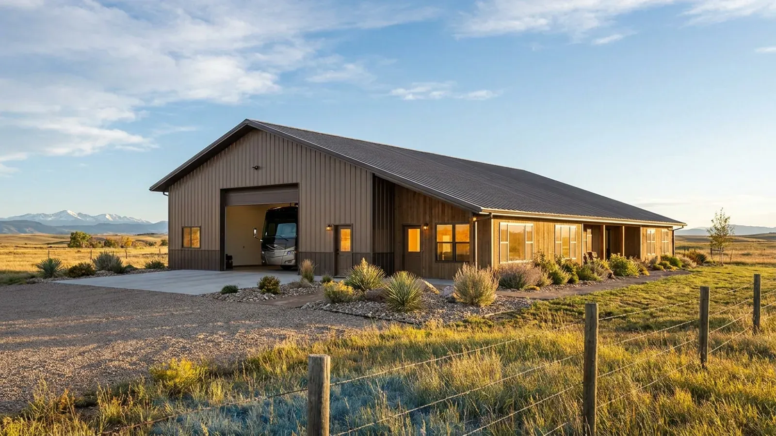 A barndominium with a tall, deep RV garage bay attached to the residence under one continuous roof.