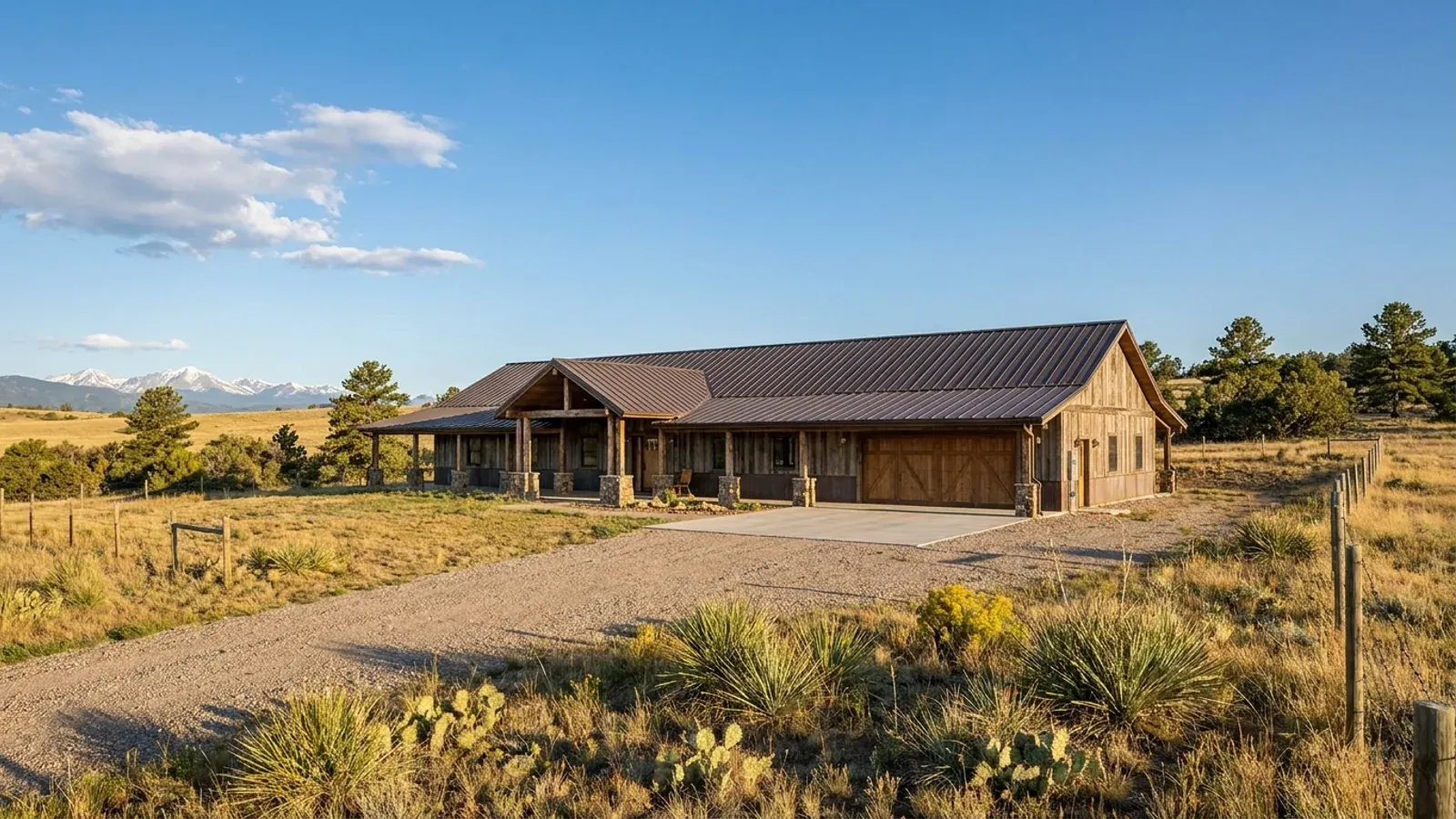 A completed single-story barndominium with a long, low roofline and no upper-level windows.