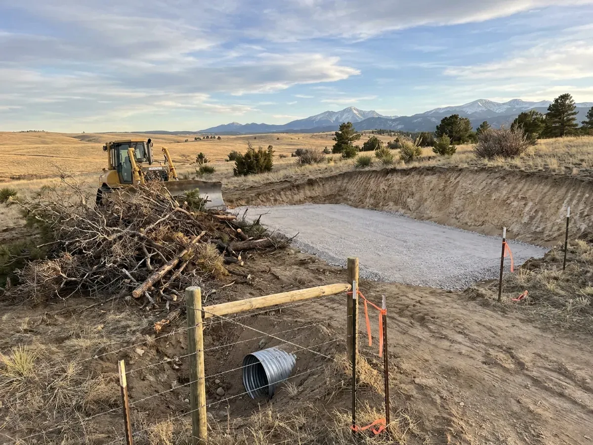 A dozer clearing scrub on a rural parcel beside a compacted crushed-stone building pad, with pale sandy soil in the cut and a culvert at the driveway entrance.